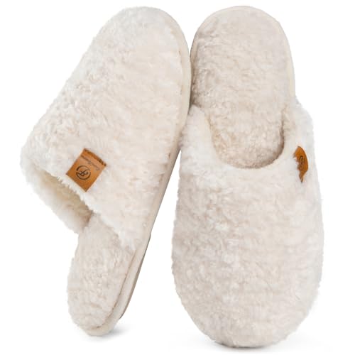 EverFoams Damen Scuff Hausschuhe Gemütlich Weiches Flauschiges Kunstalpaka Memoryschaum Leichte Rutschfeste Pantoffeln Creme Weiß, 42-43 EU von EverFoams