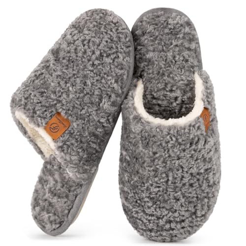 EverFoams Damen Scuff Hausschuhe Gemütlich Weiches Flauschiges Kunstalpaka Memoryschaum Leichte Rutschfeste Pantoffeln Grau, 38-39 EU von EverFoams