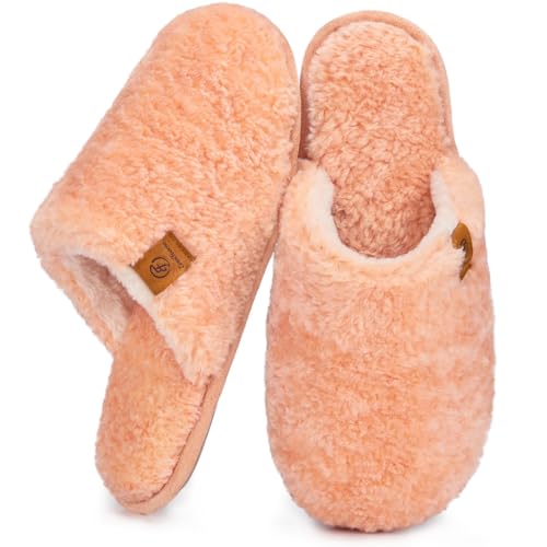 EverFoams Damen Scuff Hausschuhe Gemütlich Weiches Flauschiges Kunstalpaka Memoryschaum Leichte Rutschfeste Pantoffeln Pfirsich, 38-39 EU von EverFoams