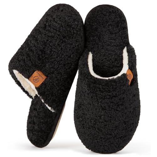 EverFoams Damen Scuff Hausschuhe Gemütlich Weiches Flauschiges Kunstalpaka Memoryschaum Leichte Rutschfeste Pantoffeln Schwarz, 36-37 EU von EverFoams