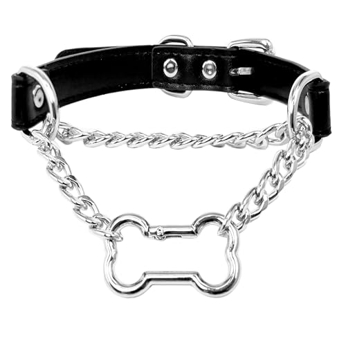 EverGlimp Gothic Slip Chain Choker Halsband für Frauen Schwarz Vegan Leder Choker mit abnehmbarem Knochenverschluss Verstellbarer Schnallenriemen Punk Legierung Kette Party Statement Halskette von EverGlimp