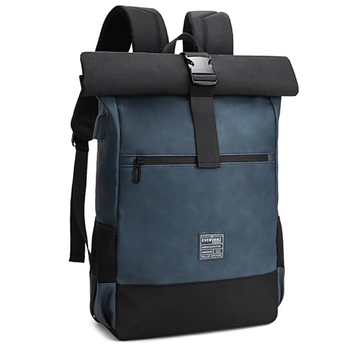 EverVanz Rolltop Laptop Rucksack -Tagesrucksack aus Leder und Polyester -Groß Rucksack Mit USB Ladeanschluss - Schulrucksack mit Laptopfach17 Zoll - Wasserabweisend Backpack für Damen & Herren von EverVanz