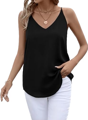 Evera B Damen V-Ausschnitt Chiffon Verstellbarer Spaghettiträger Cami Top, Verstellbarer Riemen Schwarz, Klein von Evera B