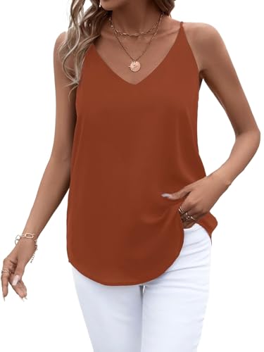 Evera B Damen V-Ausschnitt Chiffon Verstellbarer Spaghettiträger Cami Top, burnt orange, Groß von Evera B