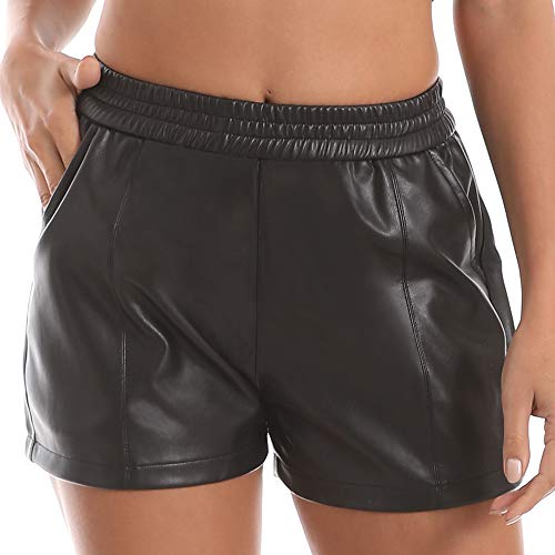 Everbellus Damen Elastic Waist Lose Shorts Kunstledershorts mit Taschen Schwarz XLarge von Everbellus