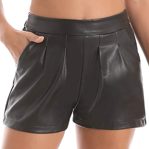 Everbellus Damen Elastic Waist Lose Shorts Kunstledershorts mit Taschen Schwarz XXLarge von Everbellus