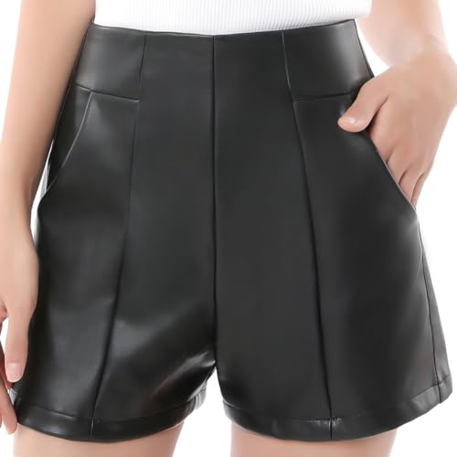 Damen Hoch Taillierte Kunstleder Shorts Taschen Weites Bein Shorts Schwarz Small von Everbellus