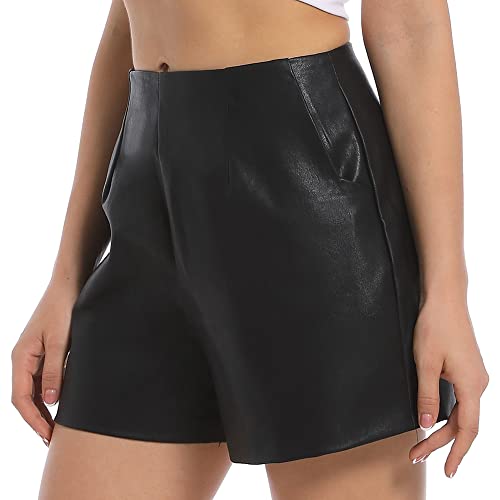 Everbellus Damen Kunstleder Shorts mit Hoher Taille und Taschen PU Shorts Schwarz Large von Everbellus