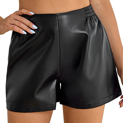 Everbellus Damen Lässige Shorts Kunstleder Hoher Taille PU Leder Shorts Schwarz Medium von Everbellus