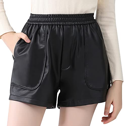 Everbellus Damen Lässige Shorts mit weitem Bein Hohe Taille PU Kunstleder Shorts Schwarz Medium von Everbellus