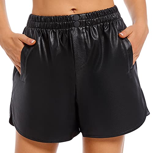 Everbellus Damen Lose Ledershorts Elastischer Taille mit Taschen PU Faux Shorts Schwarz Large von Everbellus