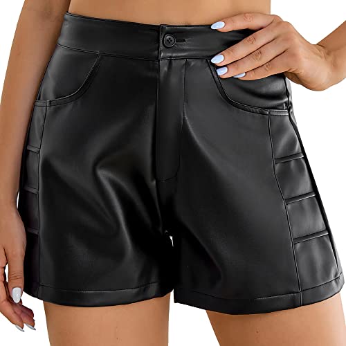 Everbellus Damen Mode Hoch Taillierte Kunstleder Shorts mit Taschen Weitem Bein Schwarz Small von Everbellus