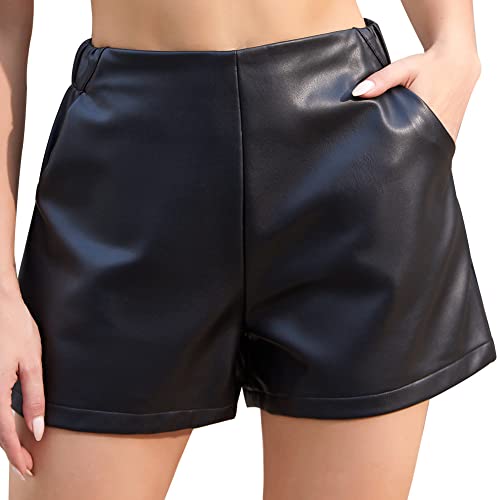 Everbellus Damen Schwarze Kunstleder Shorts mit Taschen Sexy PU Shorts XLarge von Everbellus