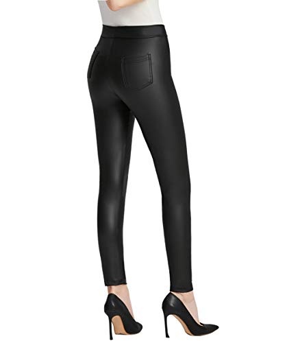 Everbellus Damen Sexy Kunstleder Leggings mit Taschen Skinny Lederhose Schwarz Large von Everbellus