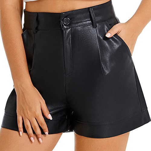 Everbellus Hoch taillierte Kunstleder Shorts Damen Taschen Shorts mit Weitem Bein Schwarz Large von Everbellus