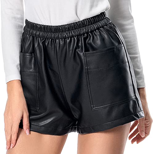 Everbellus Kunstleder Shorts mit Taschen für Damen Elastische Taille Lose PU Shorts Schwarz Large von Everbellus