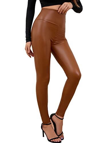 Everbellus Sexy Damen Faux PU Leder Leggins Hohe Taille Hüfthoch Strumpfhose Hose Braun Small von Everbellus