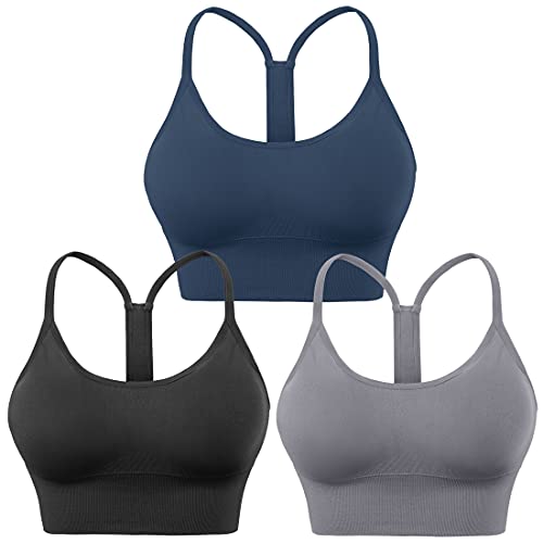 Evercute Racerback-Sport-BHs, gepolstert, Y-Racer-Rücken, Cropped-BHs für Yoga, Workout, Fitness, geringe Auswirkungen, Marineblau, Schwarz, Grau, 3er-Pack, X-Large von Evercute