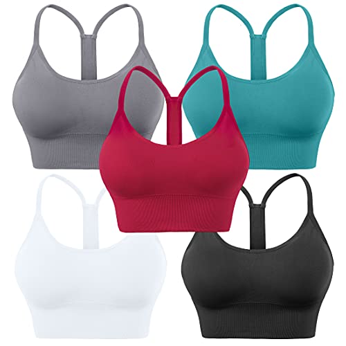 Evercute Racerback-Sport-BHs, gepolstert, Y-Racer-Rücken, Cropped-BHs für Yoga, Workout, Fitness, geringe Auswirkungen, Schwarz, Weiß, Grau, Rot, Pfauenblau, 5 Stück, Large von Evercute