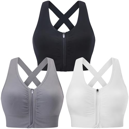 Evercute Reißverschluss vorne Post-Chirurgie BH Damen Wireless Sport BHs Gepolsterte Riemchen Mittlere Unterstützung Yoga Übung Athletic BHs, Schwarz, Weiß, Grau, 3 Stück, Medium von Evercute