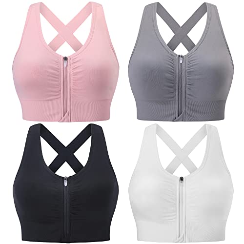 Evercute Reißverschluss vorne Post-Chirurgie BH Damen Wireless Sport BHs Gepolsterte Riemchen Mittlere Unterstützung Yoga Übung Athletic BHs, Schwarz, Weiß, Grau, Rosa, 4 Stück, Medium von Evercute