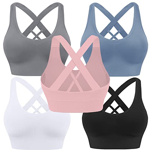 Evercute Sport-BH für Damen, gepolstert, mittlere Unterstützung, überkreuzte Träger, nahtlos, hohe Belastung, Yoga, Übung, Sport-BHs, ①Schwarz, Weiß, Grau, Rosa, Staubblau, 5 Stück, Medium von Evercute