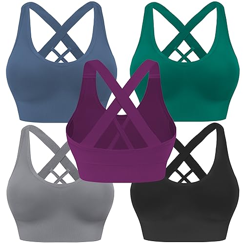 Evercute Sport-BH für Damen, gepolstert, mittlere Unterstützung, überkreuzte Träger-BHs, nahtlos, hohe Schlagkraft, Yoga-Übung, athletische BHs, Schwarz Grau Pfau-grün Navy-blau Trauben-lila 5er-Pack, von Evercute