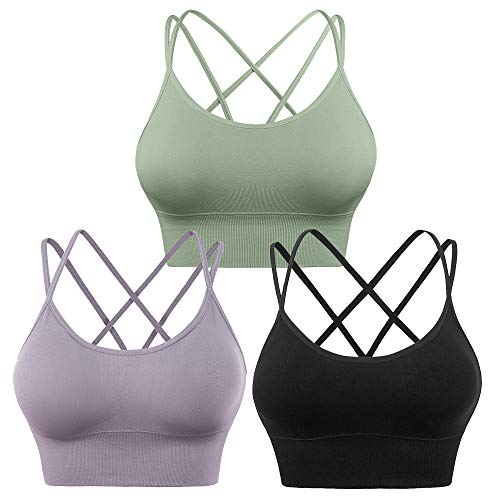 Evercute Sport-BHs mit gekreuzten Rücken, gepolstert, überkreuzt, für Yoga, Workout, Fitness, geringe Belastung, ① grüner schwarzer Lavendel, 3 Stück, Medium von Evercute