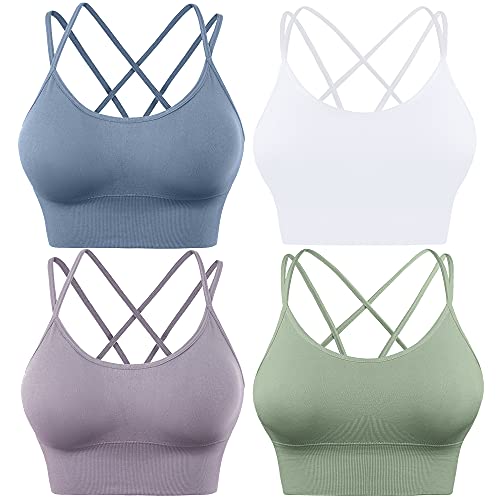 Evercute Sport-BHs mit gekreuzten Rücken, gepolstert, überkreuzt, für Yoga, Workout, Fitness, geringe Belastung, ⑥ Weiß, Blau, Grün, Lavendel, 4 Stück, small von Evercute