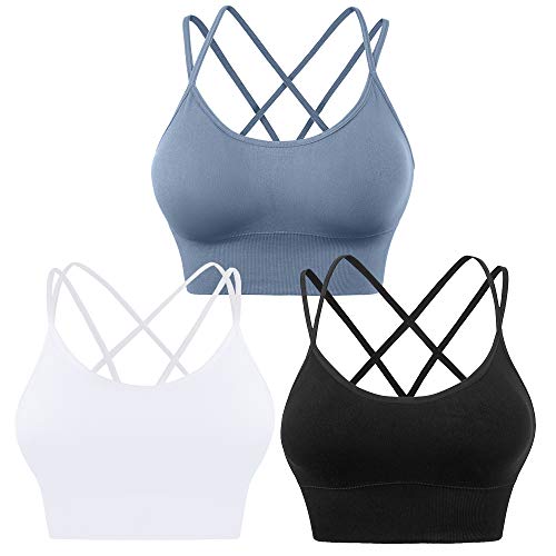 Evercute Sport-BHs mit überkreuzten Rücken, gepolstert, mit überkreuzten Trägern, überkreuzt, bauchfrei, für Yoga, Workout, Fitness, geringe Belastung, ①Schwarz, Weiß, Blau, 3 Stück, small von Evercute