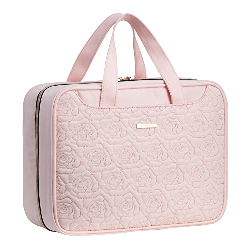 EVERFUN Hängende Reise-Kulturtasche für Frauen, große Make-up-Kosmetiktasche mit 4 Fächern, wasserabweisend, vollständig geöffnet, Handgepäck-Dopp Kit für Reisezubehör (Rosa, Groß) von Everfun