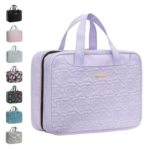 EVERFUN Hängende Reise-Kulturtasche für Frauen, große Make-up-Kosmetiktasche mit 4 Fächern, wasserabweisend, vollständig geöffnet, Handgepäck-Dopp Kit für Reisezubehör (Violett, Groß) von Everfun