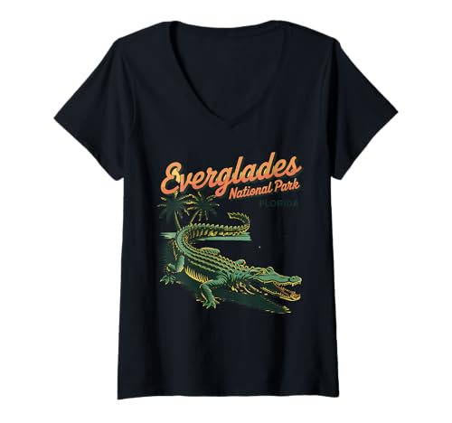Damen Everglades-Nationalpark Florida Alligator T-Shirt mit V-Ausschnitt Damen Everglades-Nationalpark Florida Alligator T-Shirt mit V-Ausschnitt von Everglades Wildlife Adventure Alligator Retro