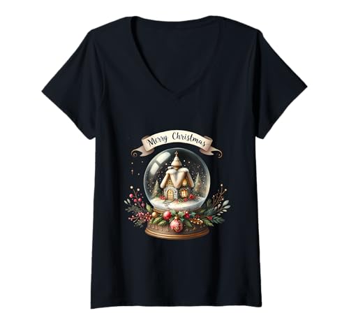 Damen Gemütliche Weihnachts-Schneekugel Cottage-Szene T-Shirt mit V-Ausschnitt Damen Gemütliche Weihnachts-Schneekugel Cottage-Szene T-Shirt mit V-Ausschnitt von Evergreen Holiday Apparel Home And More Company