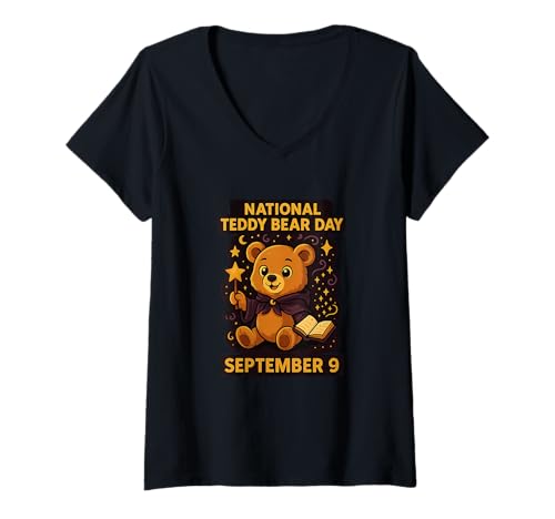 Damen National Teddy Bear Day 9. September K-Pop inspirierter süßer Bär T-Shirt mit V-Ausschnitt von Every Day Is A Day Designs