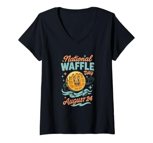 Damen National Waffle Day 24. August Frühstück Brunch Sirup Stapel T-Shirt mit V-Ausschnitt von Every Day Is A Day Designs
