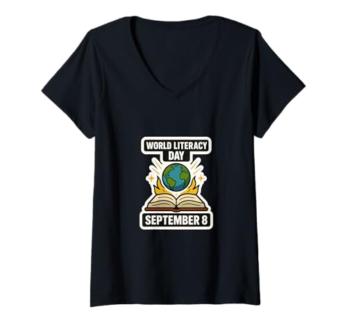 Damen World Literacy Day 8. September Open Book and Globe Sticker T-Shirt mit V-Ausschnitt Damen World Literacy Day 8. September Open Book and Globe Sticker T-Shirt mit V-Ausschnitt von Every Day Is A Day Designs