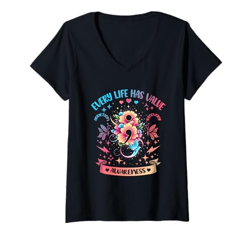Damen Every Life Has Value Semikolon Addiction Recovery Coloful T-Shirt mit V-Ausschnitt Damen Every Life Has Value Semikolon Addiction Recovery Coloful T-Shirt mit V-Ausschnitt von Every Life Has Value Semicolon Addiction Recovery