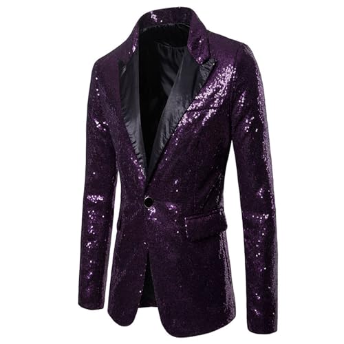 EveryLu Herren Pailletten Sakko Glitzer Slim Fit Blazer EIN-Knopf Glitter Anzugjacke Gold Smoking für Hochzeit Party Festlich Weihnachten Karneval Kostüm (Lila, M) von EveryLu