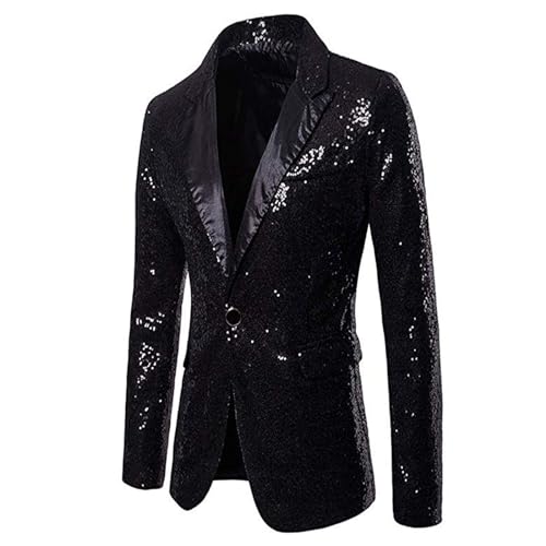 EveryLu Herren Pailletten Sakko Glitzer Slim Fit Blazer EIN-Knopf Glitter Anzugjacke Gold Smoking für Hochzeit Party Festlich Weihnachten Karneval Kostüm (Schwarz, S) von EveryLu