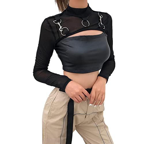 EveryLu Women Sexy Mesh Shrug Crop Top Y2K Sheer Mesh Long Sleeve Bodycon Turtleneck Crop Top See Through Fishnet Patchwork Cover Ups Club Streetwear (Black, L) von EveryLu