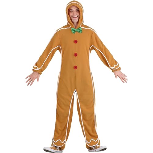 Herren Jungen Lebkuchenmann Kostüm Lebkuchen-Einteiler Strampler Overall mit Kapuze Karneval Weihnachtskostüm für Erwachsene Kinder Weihnachten Outfit (Braun Herren, M) von EveryLu