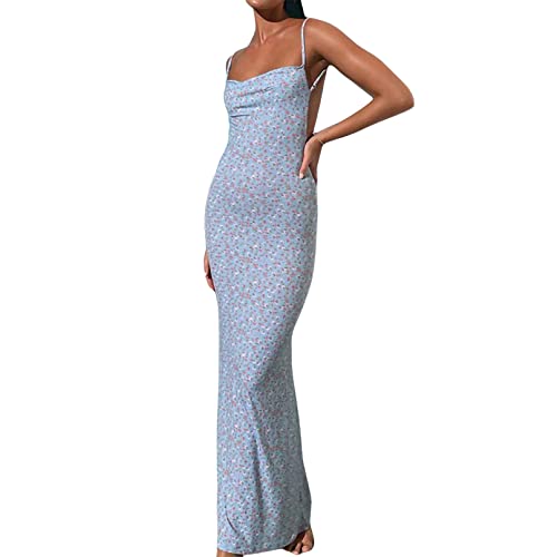 Women Sexy Maxi Dress Sleeveless Spaghetti Strap Low Cut Bodycon Long Dress Elegant Evening Party Dress (Blue, S) von EveryLu