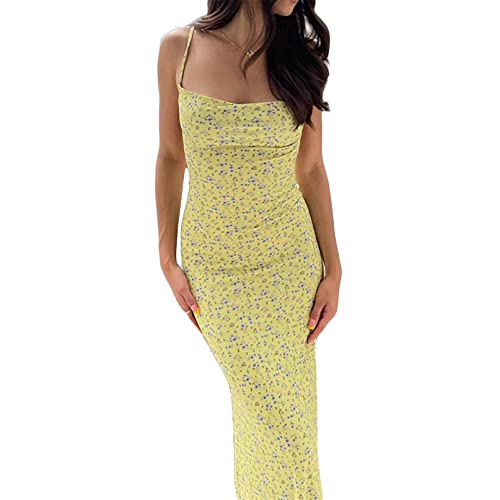 Women Sexy Maxi Dress Sleeveless Spaghetti Strap Low Cut Bodycon Long Dress Elegant Evening Party Dress (Yellow, L) von EveryLu