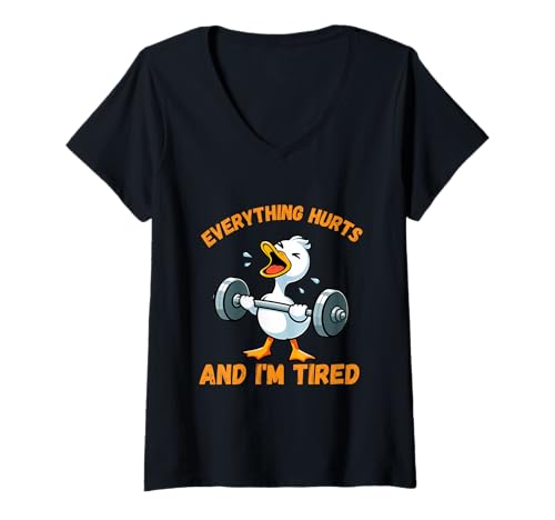 Damen Everything Hurts and I'm Tired Duck Workout Humor für Erwachsene T-Shirt mit V-Ausschnitt Damen Everything Hurts and I'm Tired Duck Workout Humor für Erwachsene T-Shirt mit V-Ausschnitt von Everything Hurts And I'm Tired Funny Duck Fitness