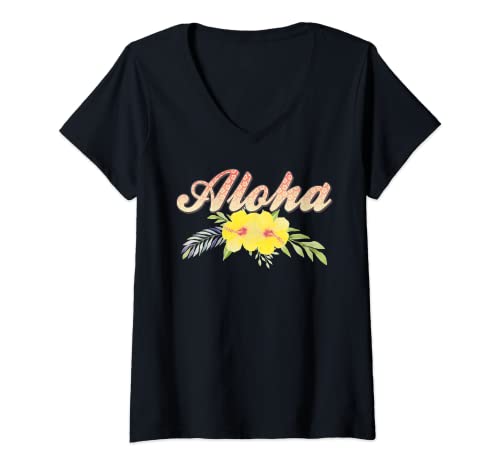 Damen Aloha gelber Hibiskus T-Shirt mit V-Ausschnitt von Everything Is Currency
