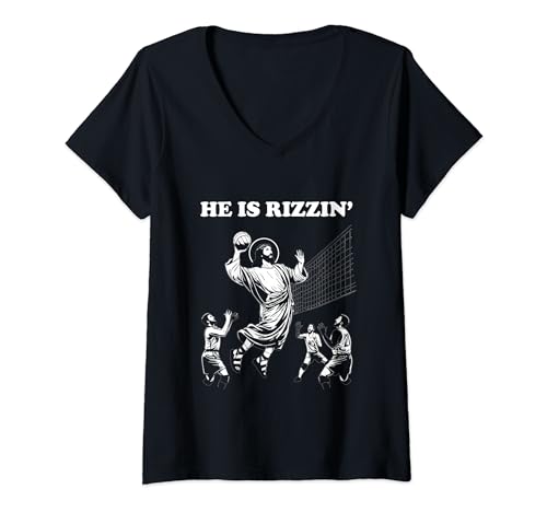 Damen He is Rizzin' Jesus Christus Spiking a Volleyball Funny Meme T-Shirt mit V-Ausschnitt von Everything Is Currency