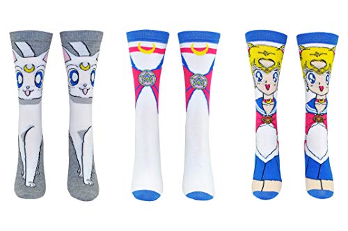 Sailor Moon Crew Socken Cosplay (3 Paar) – (Damen) Sailor Moon Artemis Bow Cosplay Crew Socken – passend für Schuhgröße 37-44 (Damen) von Everything Legwear