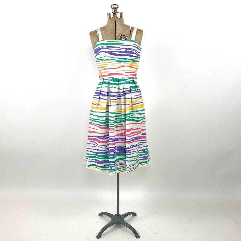 70Er Lanz Midi Kleid Regenbogen Pastell Animal Print Streifen Cut Out Open Back Peekaboo Partykleid Vintage Party Sonnenkleid Xs S von EvesAppleVintage