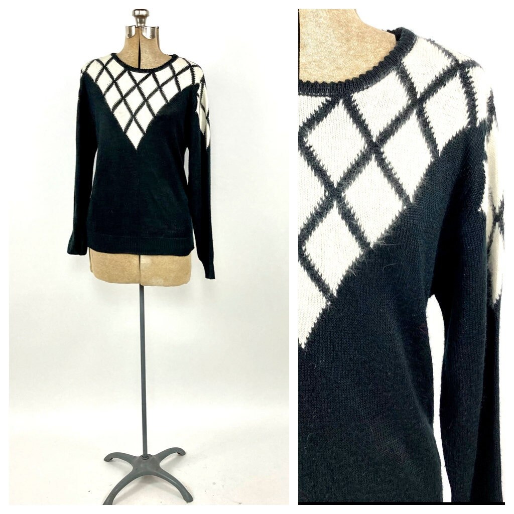 80Er Angora Hasen Haar Lang Pullover Harlekin Print Classic Preppy Vintage Lammwolle Kleid Top Xs S M von EvesAppleVintage